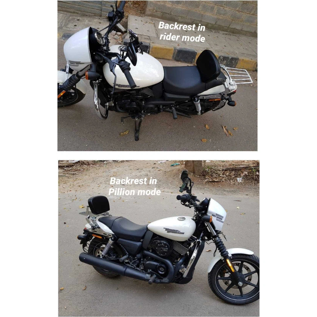 AeeDEA 2-in-1 backrest shown in rider mode and pillion mode on a motorcycle