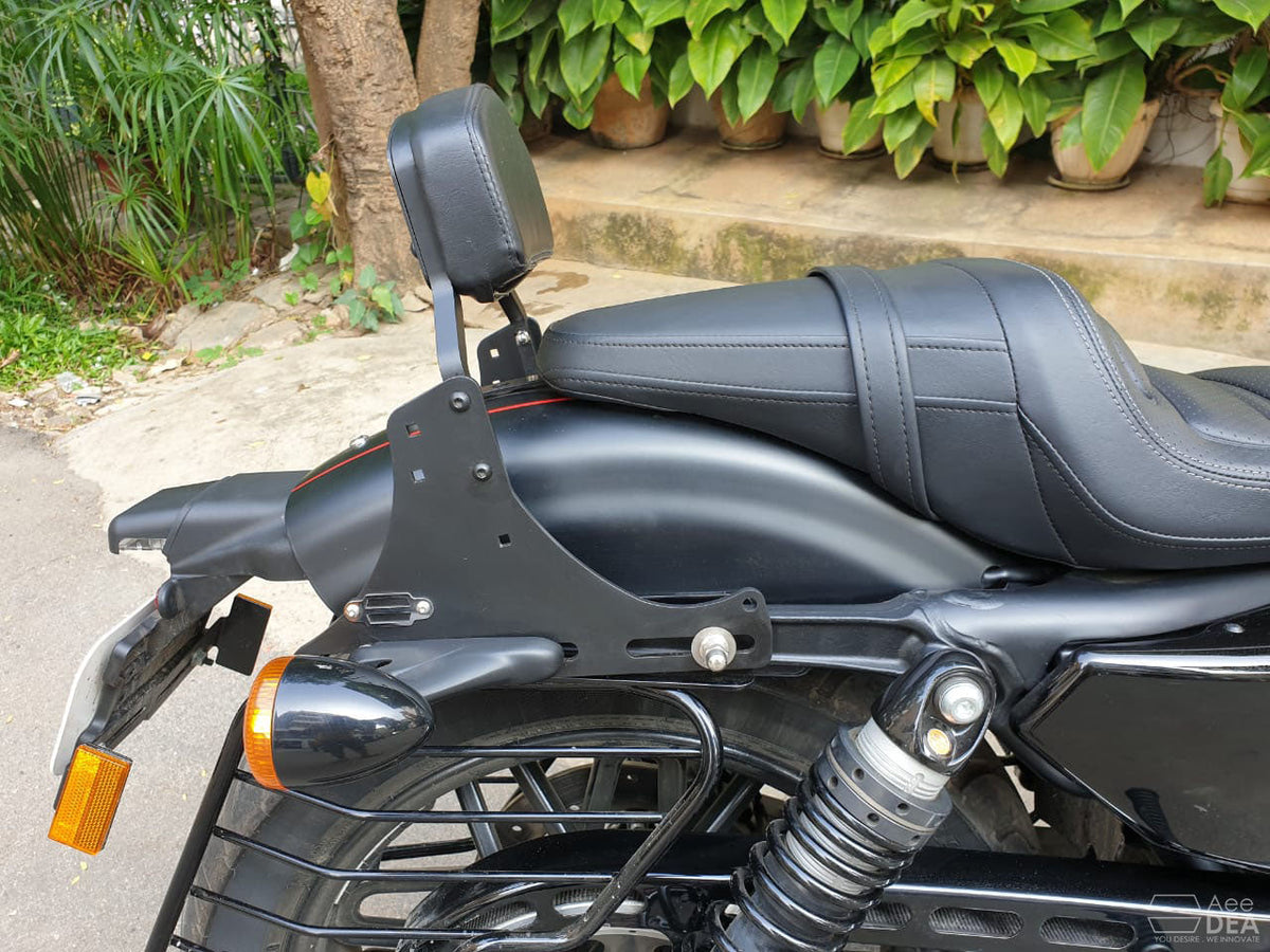 Side view of a tall pillion backrest installed behind the motorcycle seat