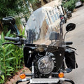 Close-up of the adjustable windshield fitted to the motorcycle's front assembly
