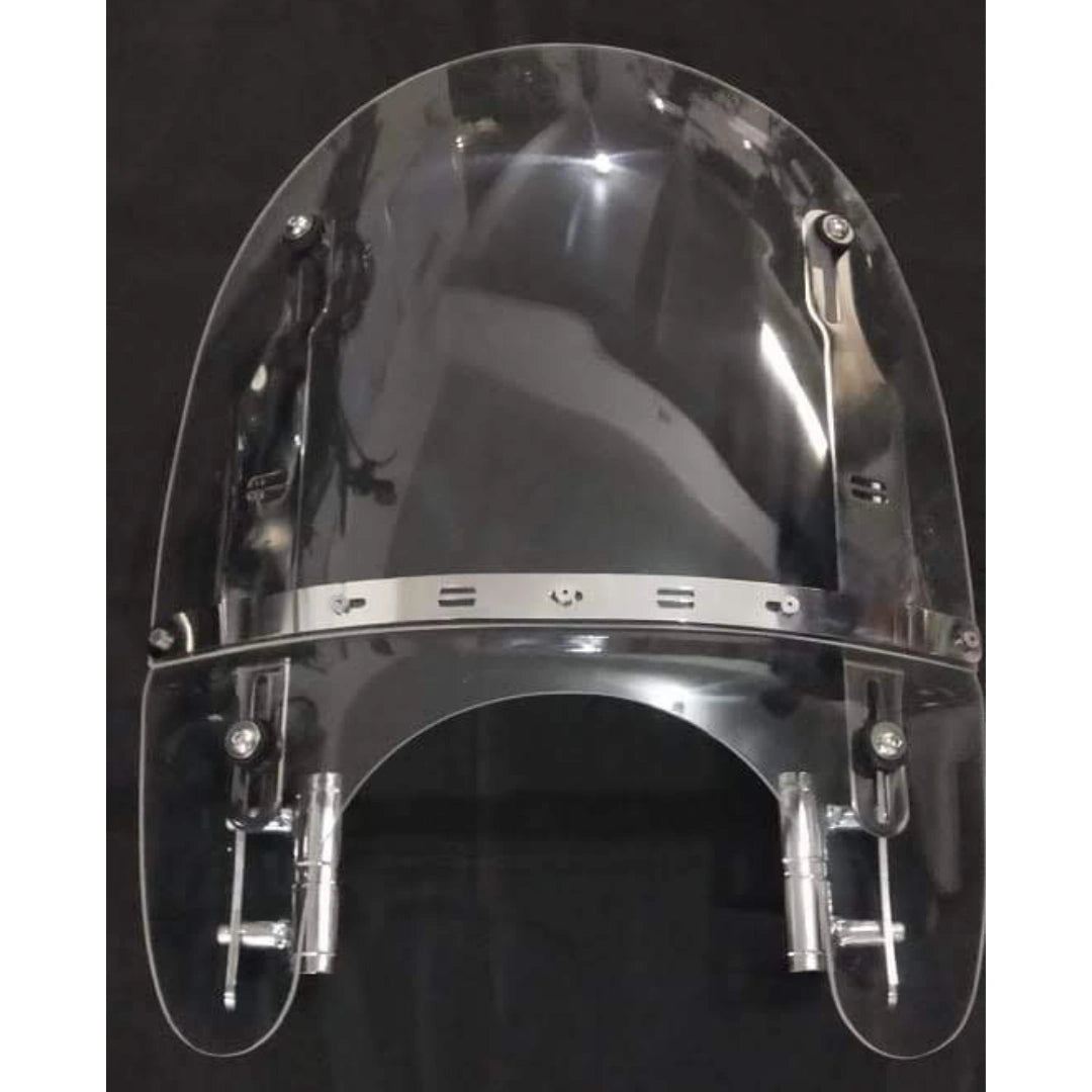 Clear polycarbonate motorcycle windshield with metal mounting brackets