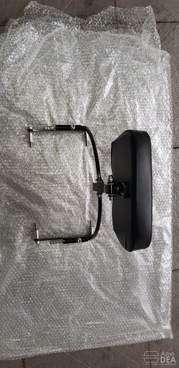 Adjustable motorcycle backrest with curved support rod and mounting brackets laid out separately