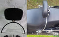 Adjustable motorcycle rider backrest pad with curved mounting bracket shown separately beside an installed backrest