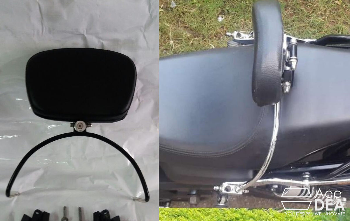 Adjustable motorcycle rider backrest pad with curved mounting bracket shown separately beside an installed backrest