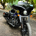 Front view of motorcycle fitted with a Batwing fairing