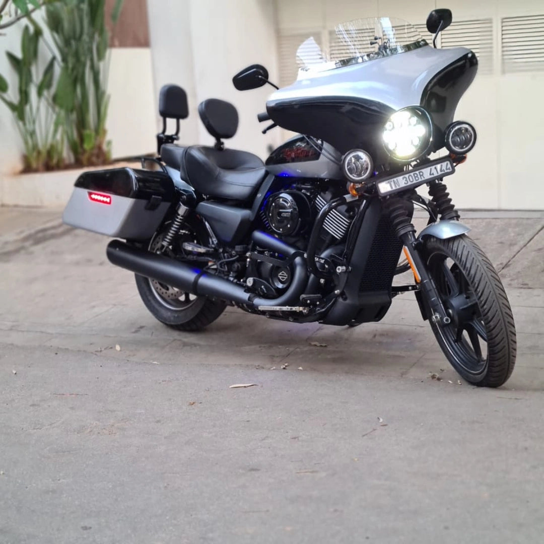 Motorcycle showing the installed Batwing fairing and windshield from the side