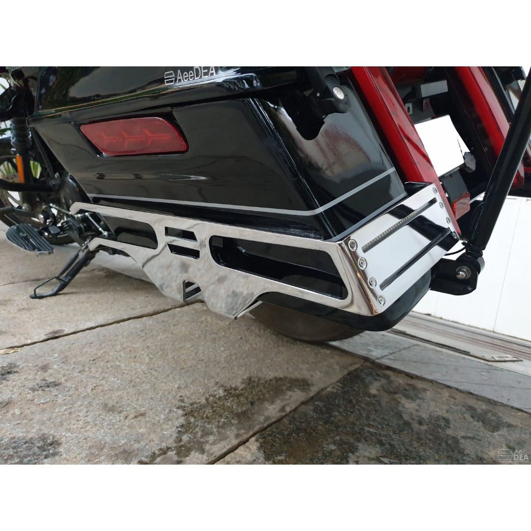 Close-up of a touring pannier mounting carriage and rear support structure