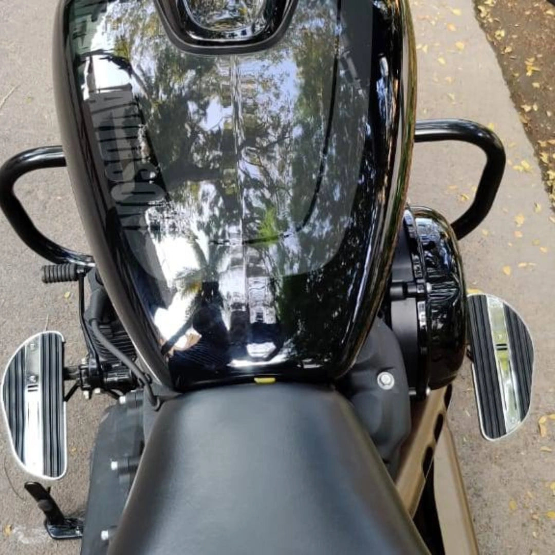 Front view of motorcycle showing the handlebar and front assembly