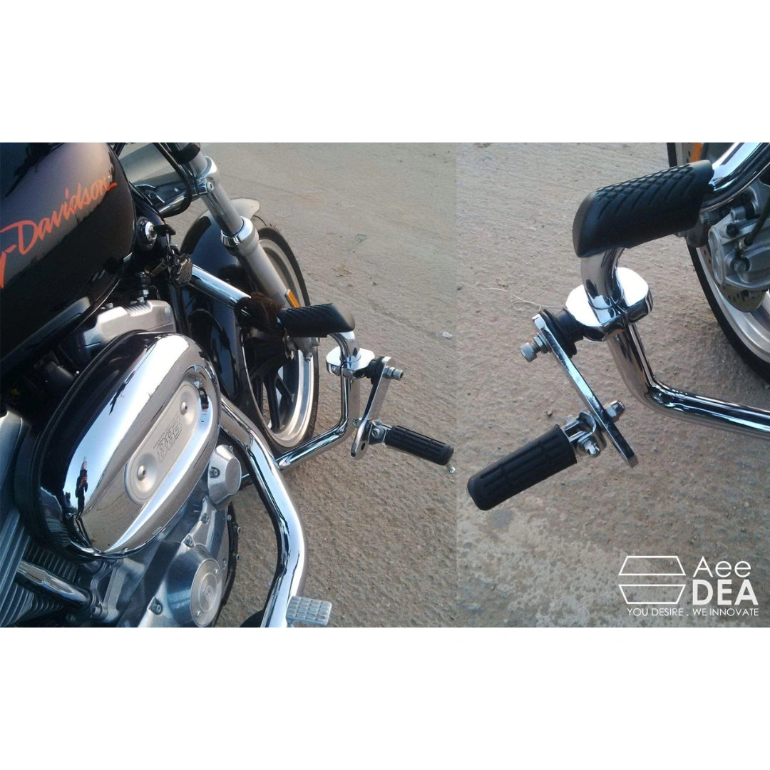 Close-up of a black adjustable highway footpeg and its mounting assembly