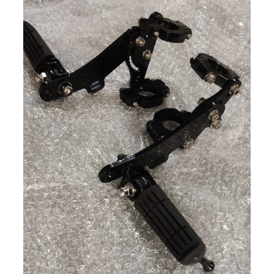 Black steel adjustable highway footpeg brackets and mounting components