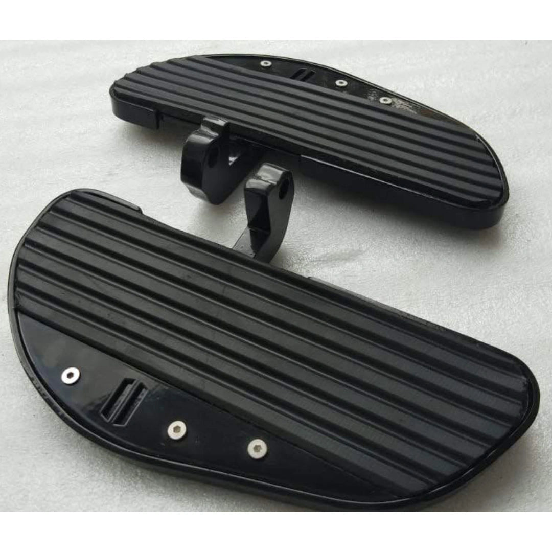 Pair of black AeeDEA jumbo motorcycle footboards shown separately