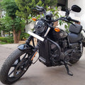 Black motorcycle fitted with AeeDEA steel engine crash guard
