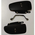 Pair of black motorcycle heat deflector shields with metal mounting bracket