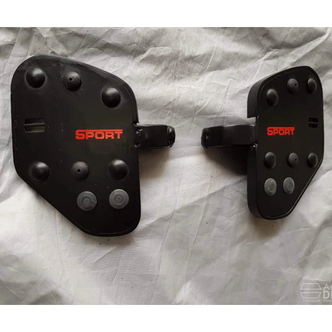 Pair of black Sports-style rider footboards with red AeeDEA branding