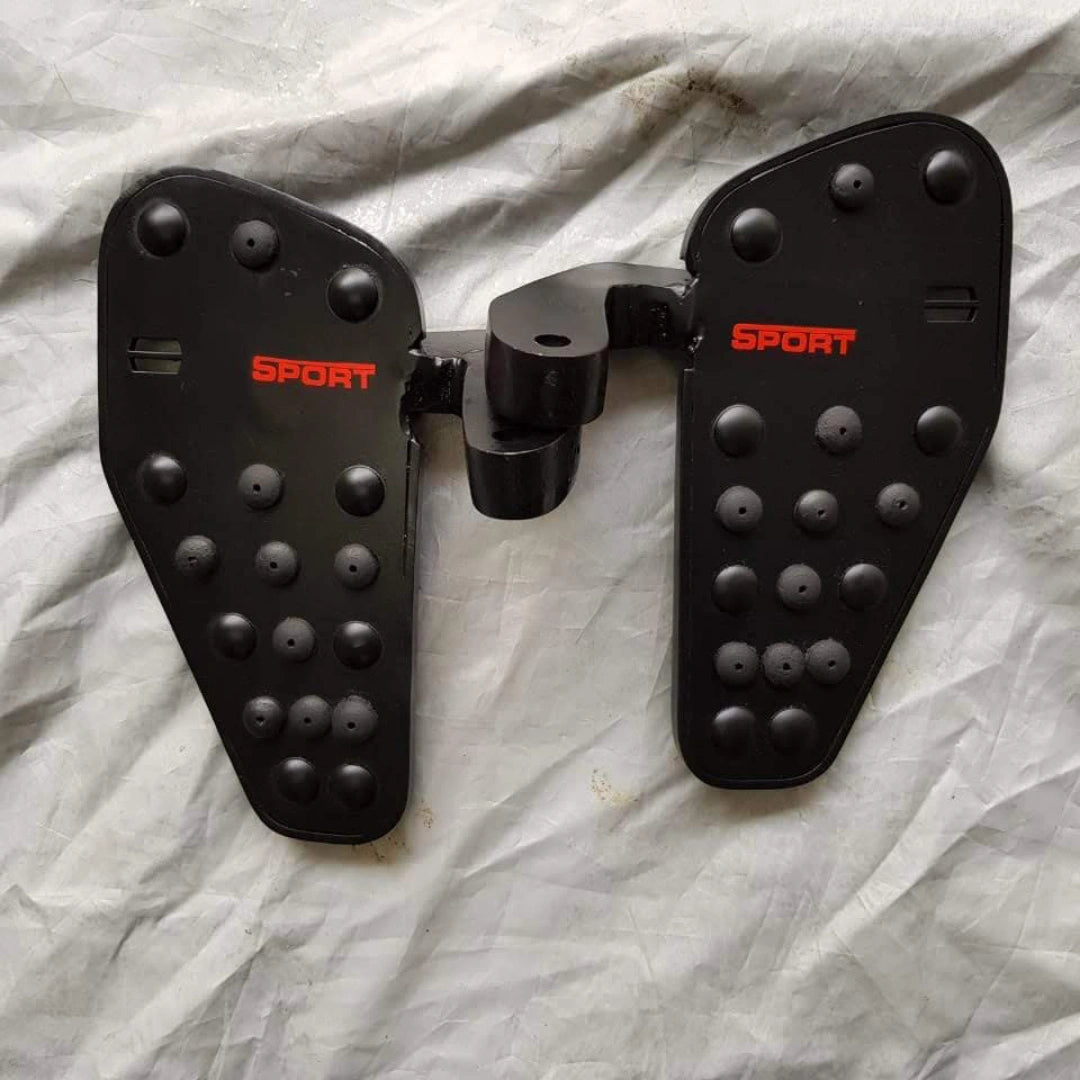 Pair of black AeeDEA Sports jumbo footboards with red SPORT lettering