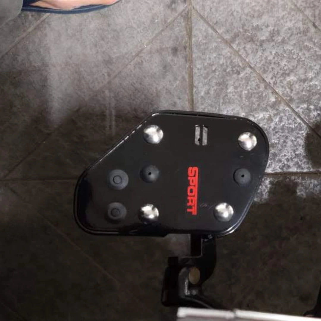 Close-up of AeeDEA Sports motorcycle rider footboard with rubber and metal grip details
