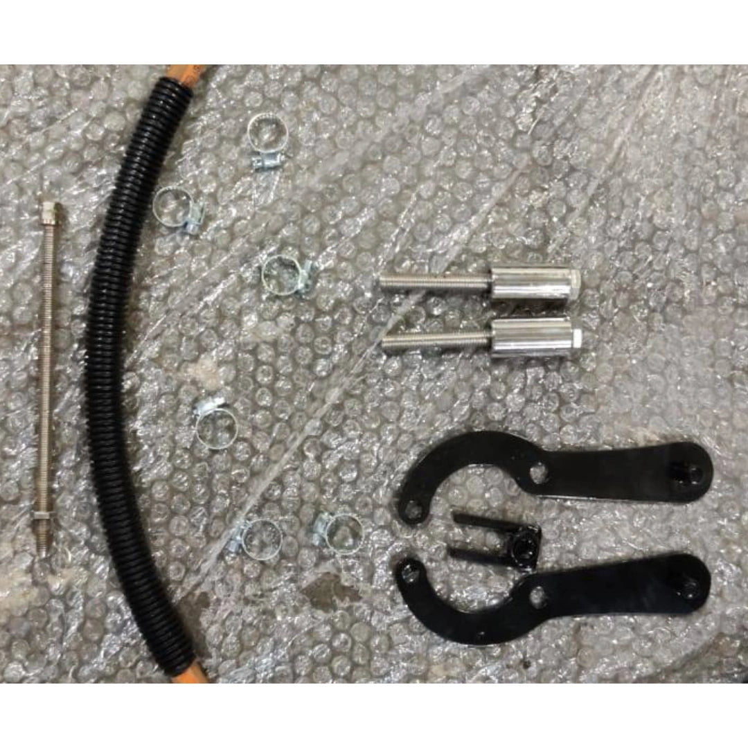 Fuel tank raiser mounting hardware including connecting hose, clips and metal fittings