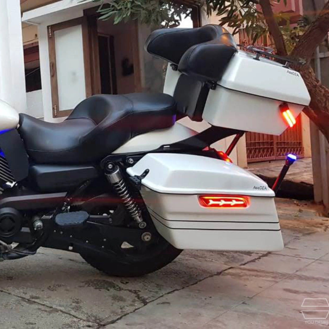 Close-up of white touring side pannier mounted beside the motorcycle rear wheel