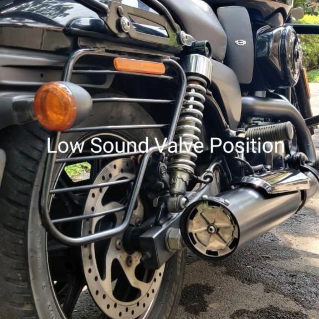 Close-up of the exhaust sound adjustment mechanism in the low-sound mode position
