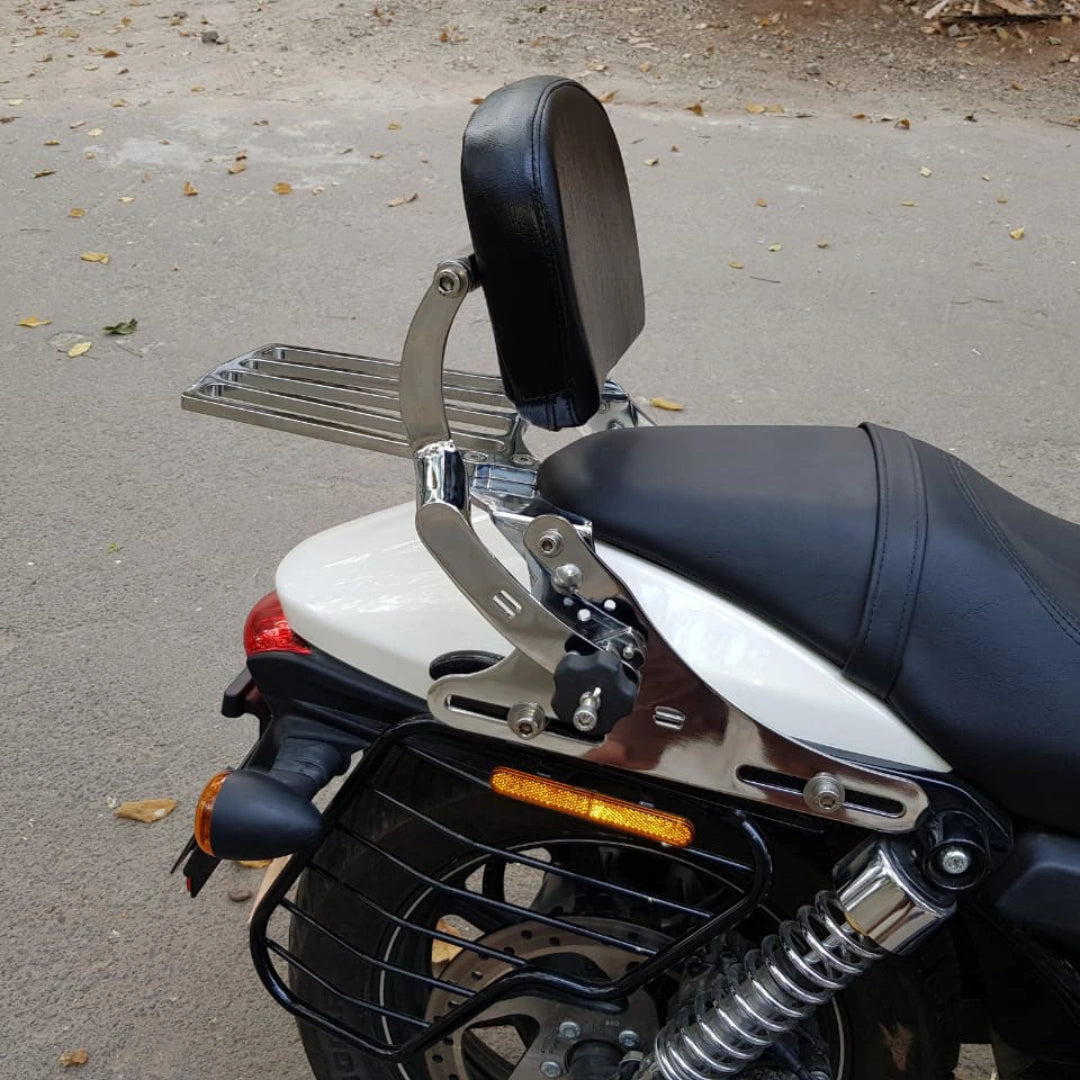 Close-up of the motorcycle backrest support arms and adjustment mechanism