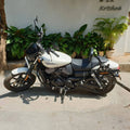 Motorcycle backrest with a chrome-finish luggage rack attached