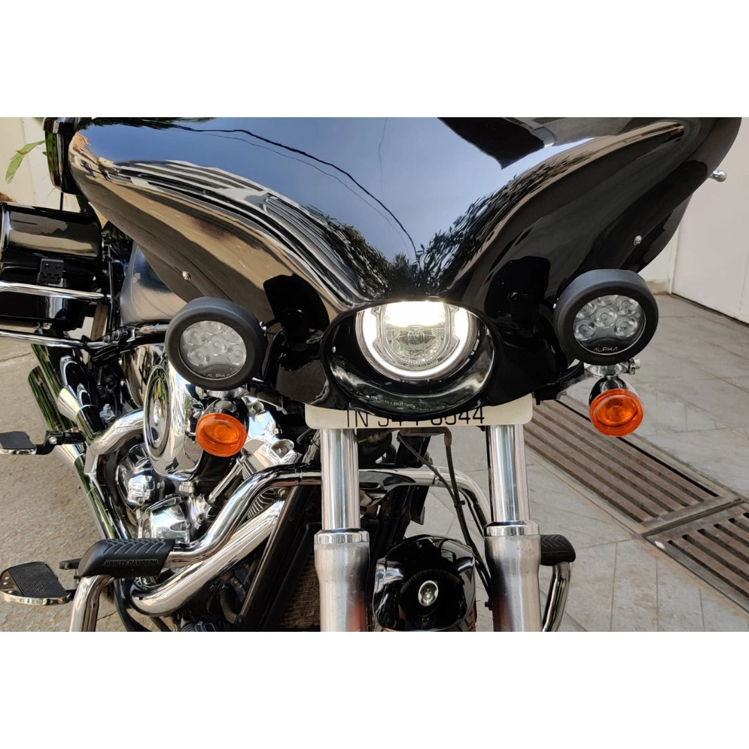 Front view showing the Batwing fairing positioned around the motorcycle headlight