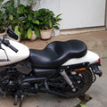 Close-up side view of the contoured deep resting motorcycle seat
