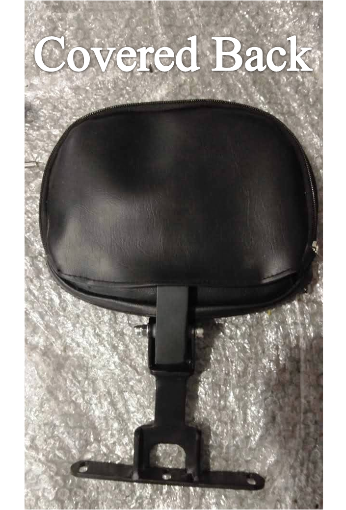 Motorcycle backrest pad with a leatherette cover on the rear side