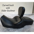 Curved-back motorcycle seat with rider backrest attached