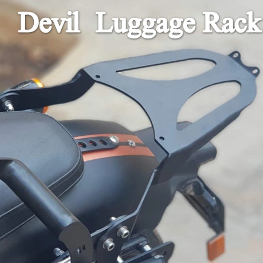 Devil-style motorcycle luggage rack shown fitted behind the seat