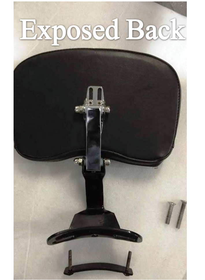 Rear of a motorcycle backrest pad showing the exposed mounting bracket and adjustment hardware