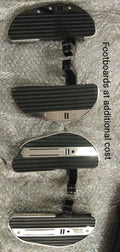 Pair of foldable rider footboards with ribbed black grip surfaces and metal edging