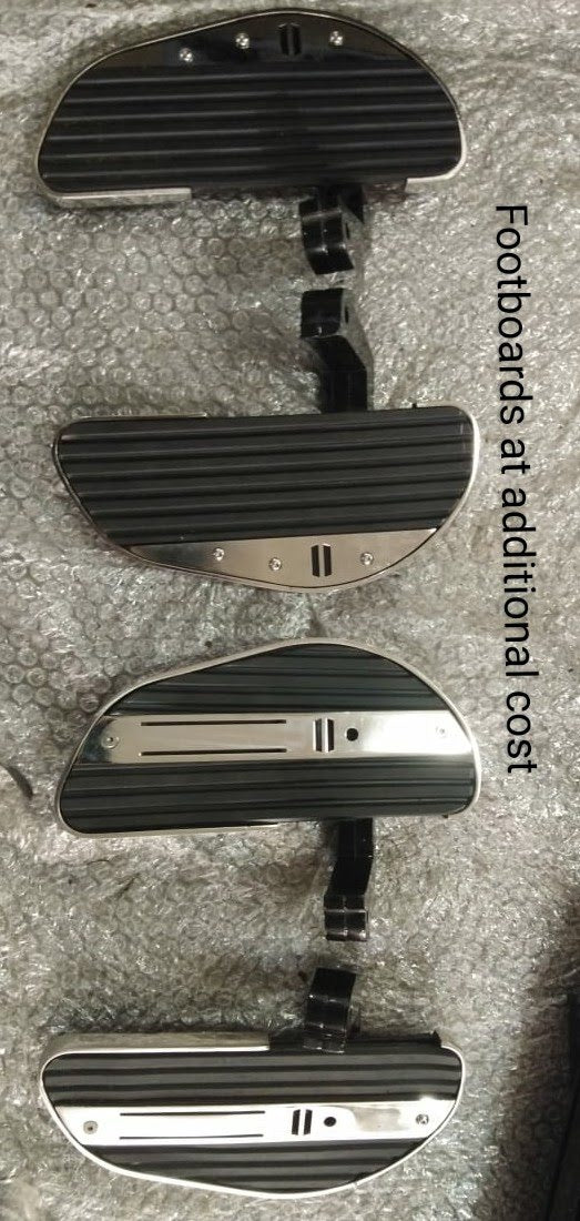 Pair of foldable rider footboards with ribbed black grip surfaces and metal edging