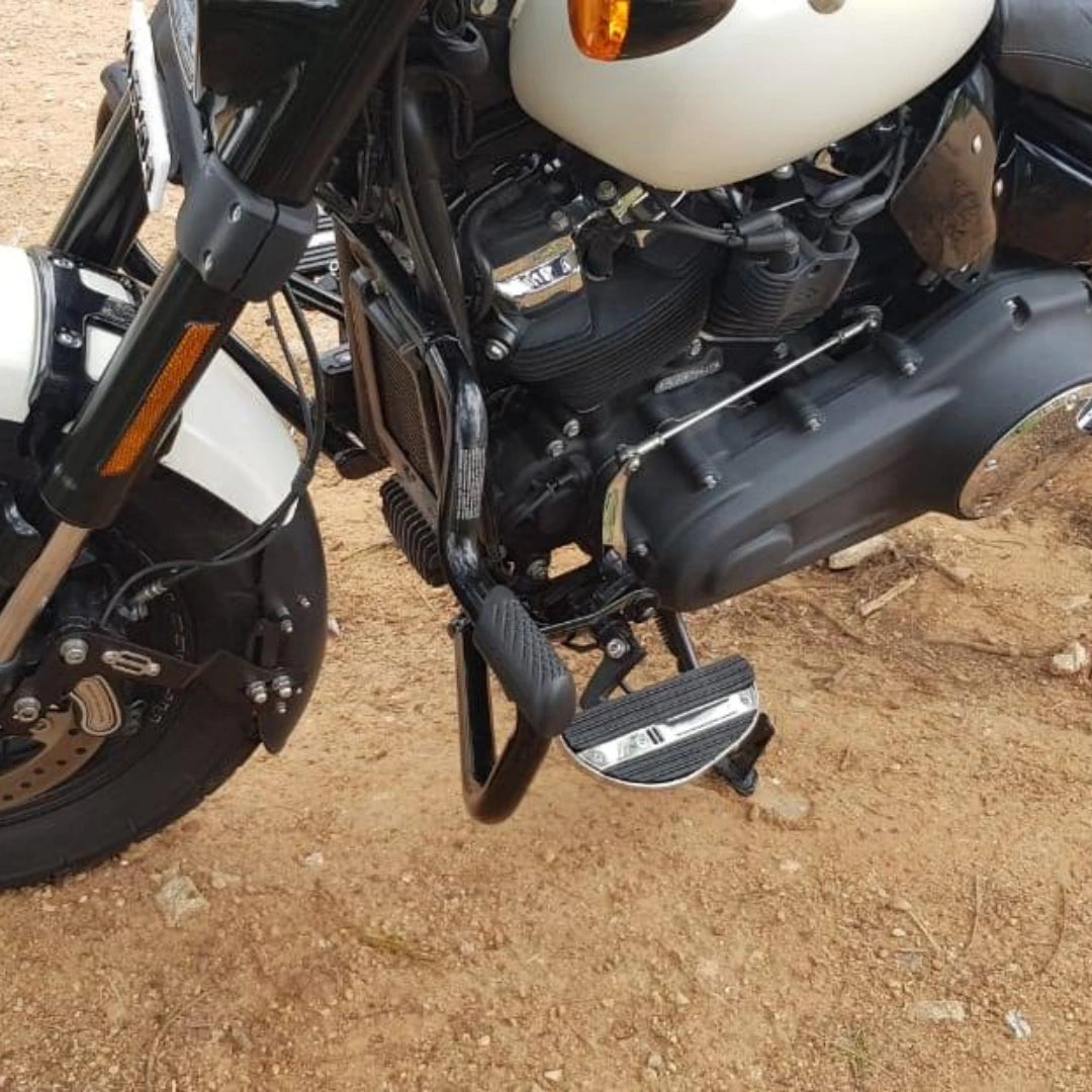 Close-up of forward control footboard mounted on the motorcycle