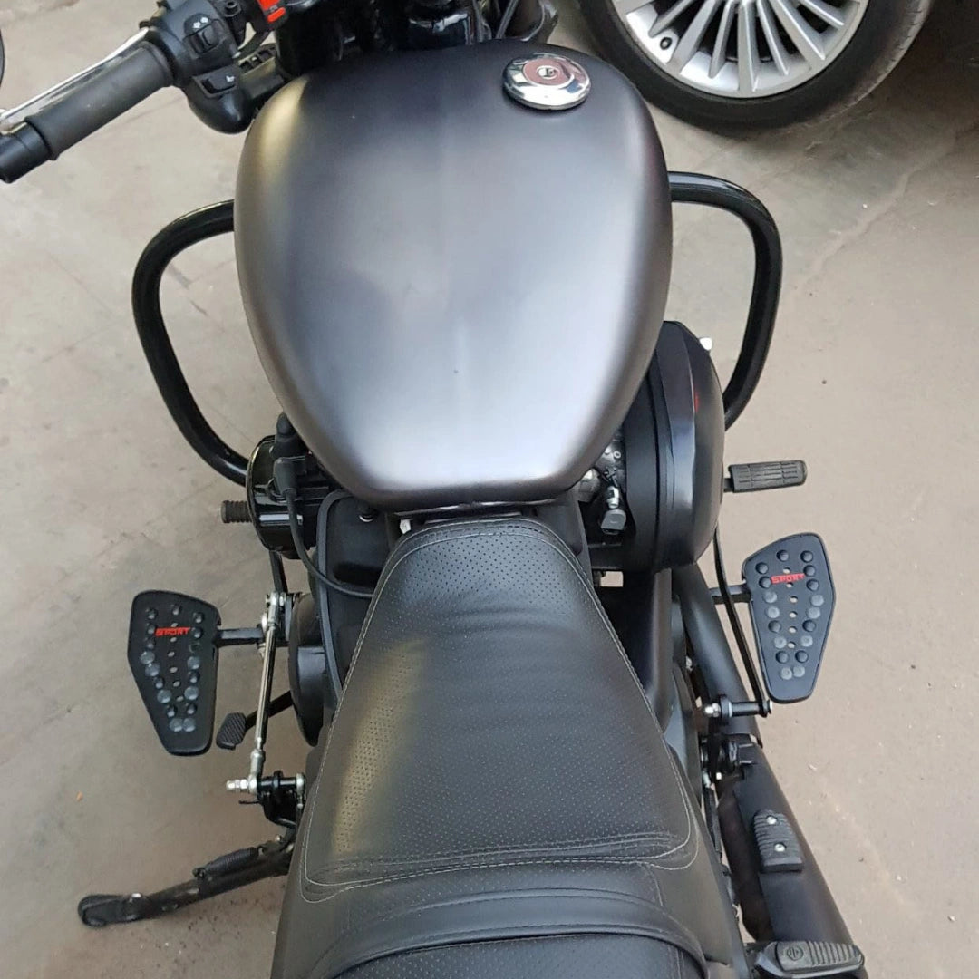 Top view of motorcycle showing the forward control footboard arrangement