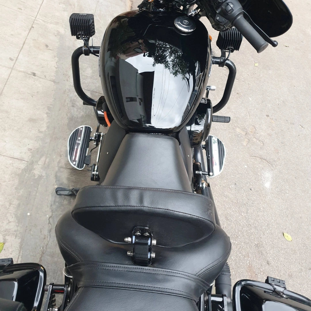 Top view of motorcycle with AeeDEA forward control footboards installed