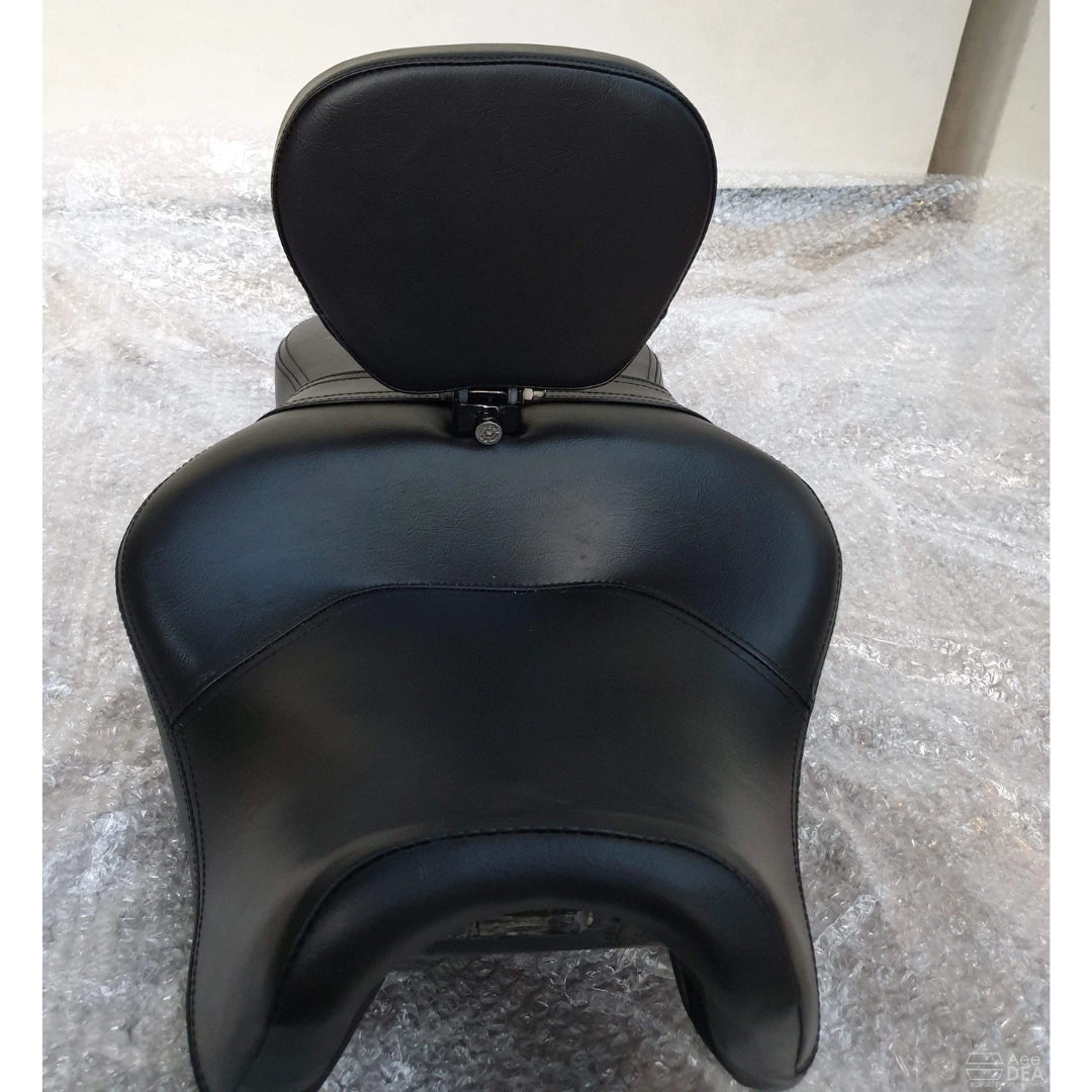 Front-facing view of the motorcycle seat and rider backrest