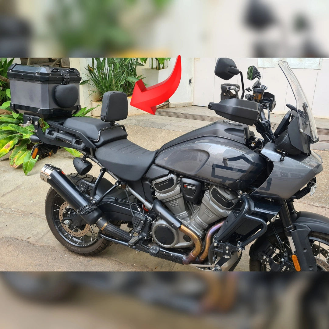 AeeDEA rider backrest installed on a Harley-Davidson adventure motorcycle with top box