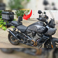 AeeDEA rider backrest installed on a Harley-Davidson adventure motorcycle with side luggage