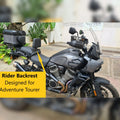 AeeDEA rider backrest installed on a Harley-Davidson adventure touring motorcycle