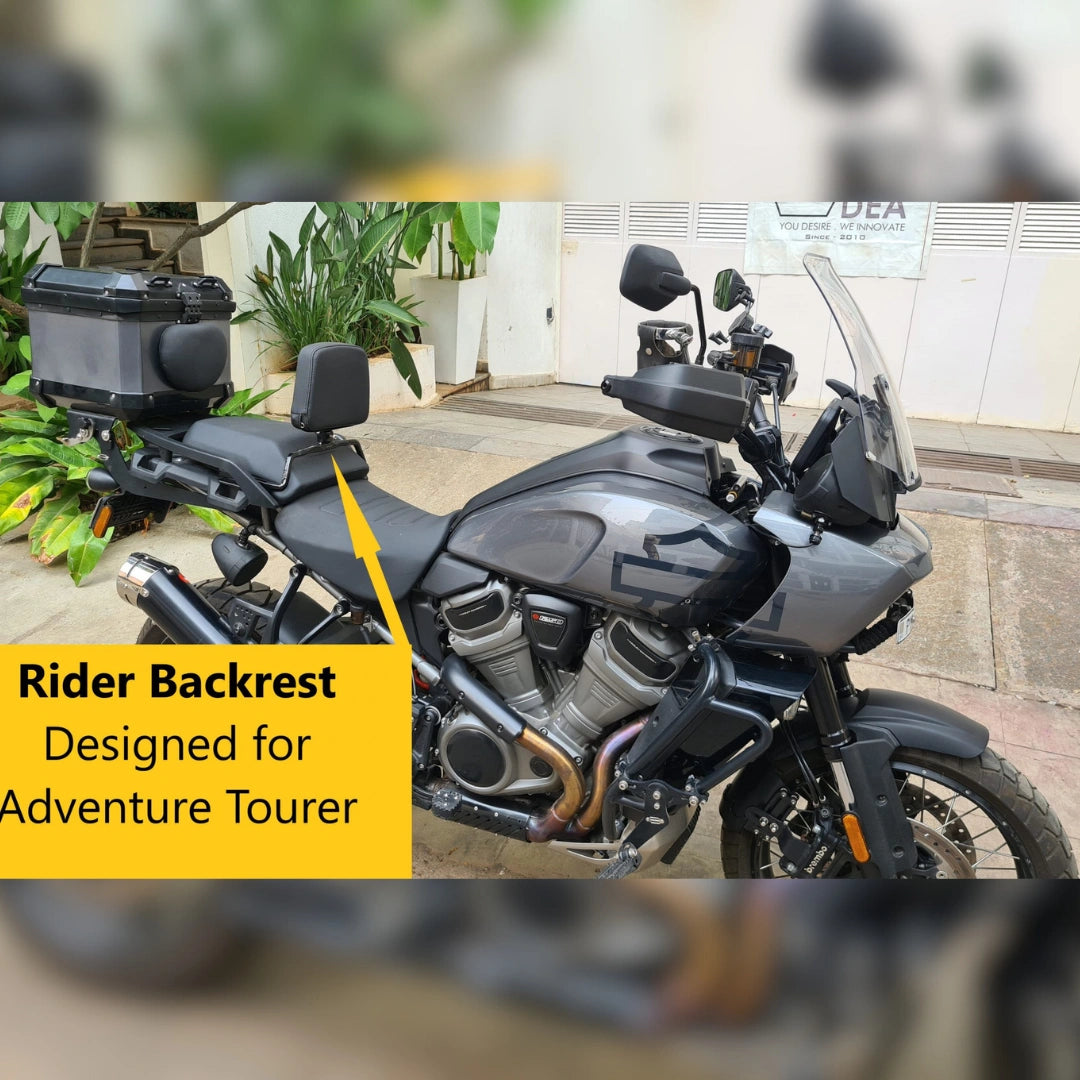 AeeDEA rider backrest installed on a Harley-Davidson adventure touring motorcycle