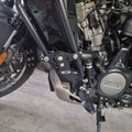 Close-up of AeeDEA extended reach footpeg and crash bar mounting bracket