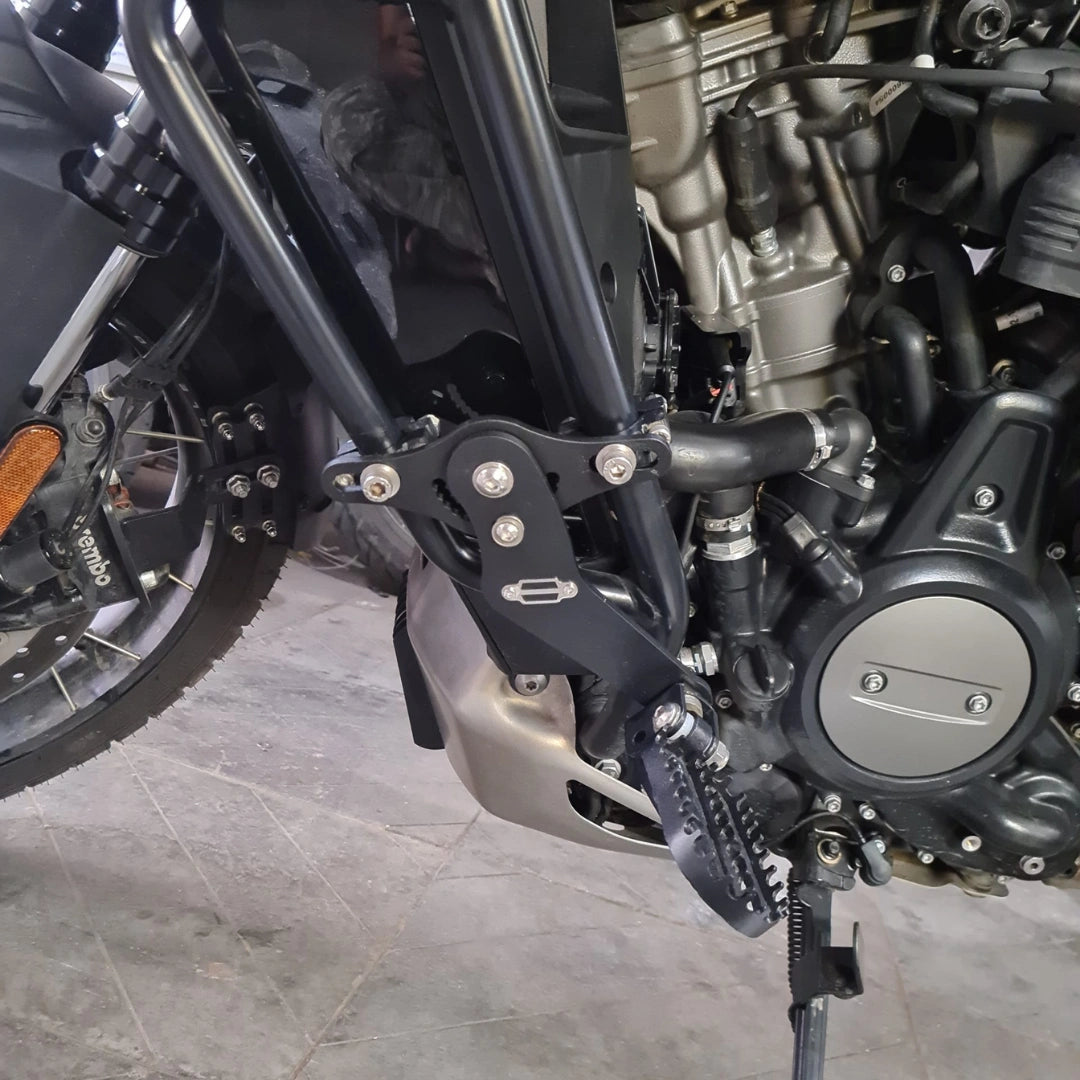 Close-up of AeeDEA extended reach footpeg and crash bar mounting bracket