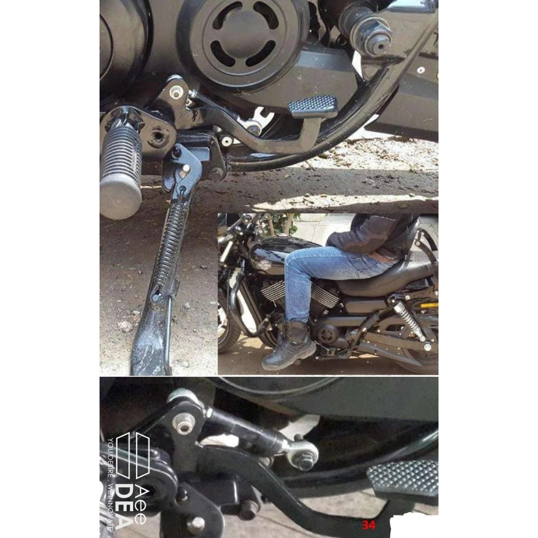 Close-up of a motorcycle heel shifter fitted beside the foot control, with a rider demonstrating its position