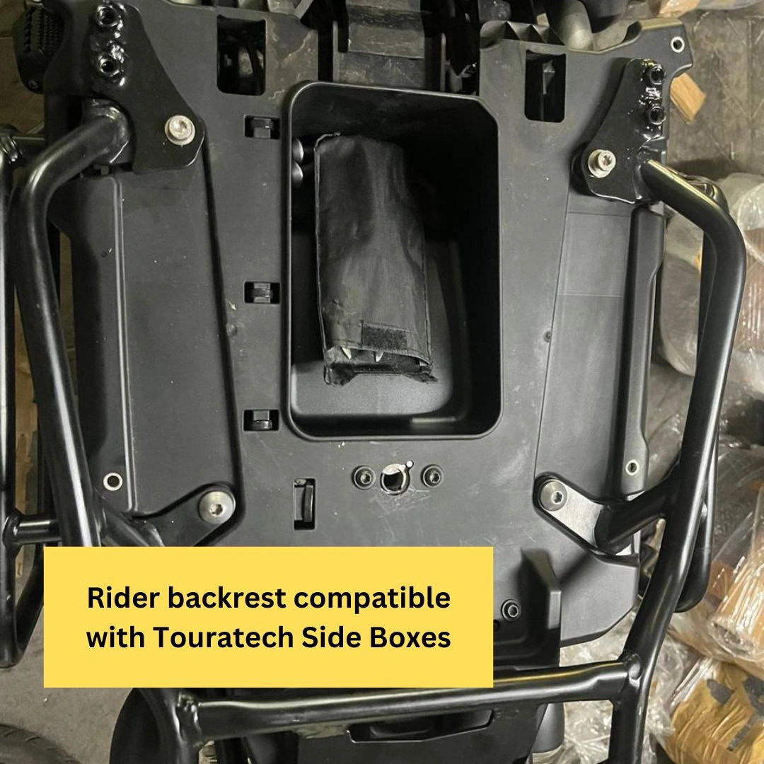 AeeDEA rider backrest mounting setup compatible with Touratech Side Boxes