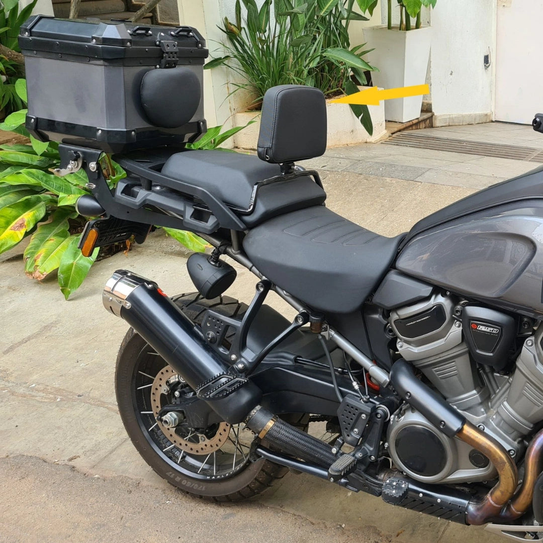 AeeDEA rider backrest installed on a Harley-Davidson adventure motorcycle with top box
