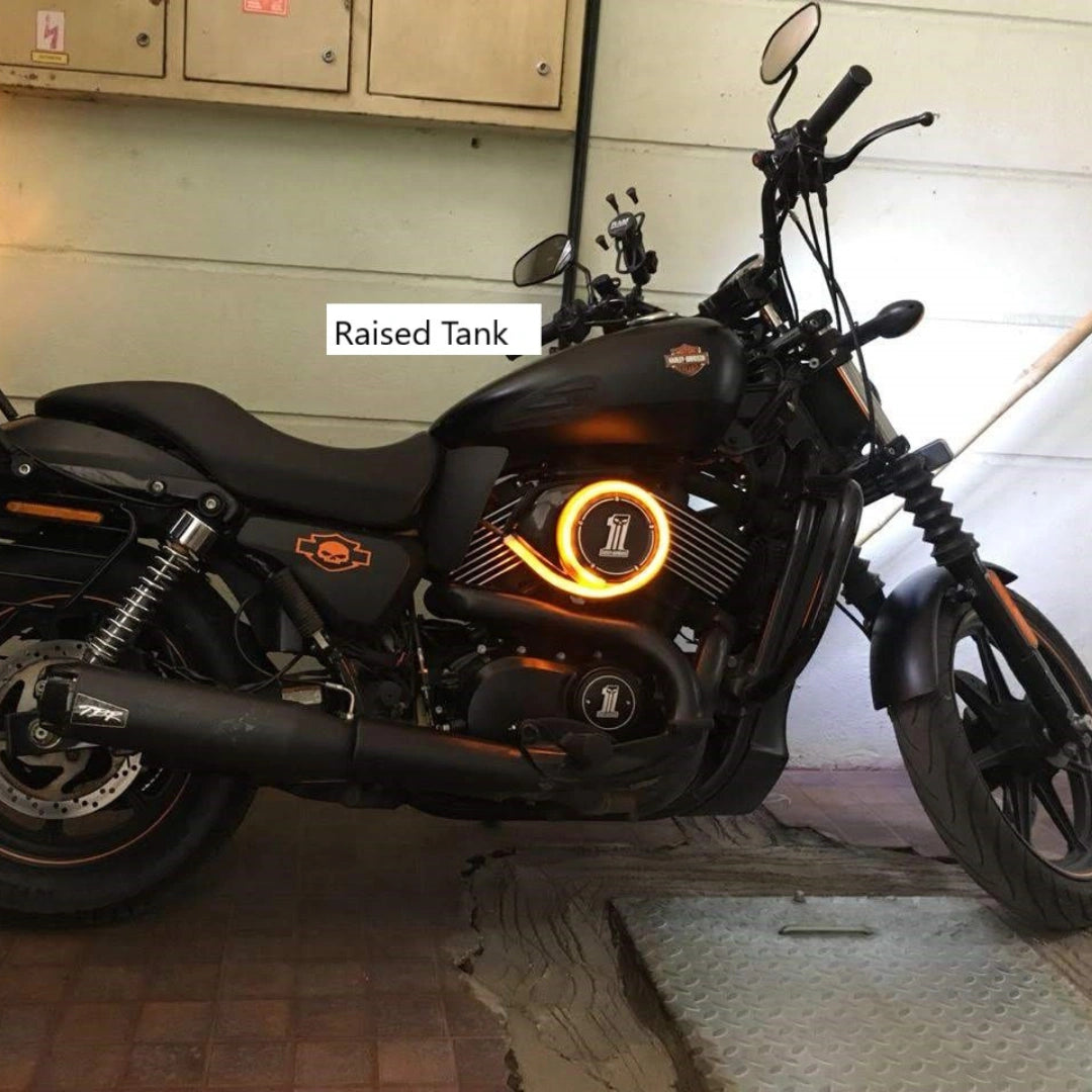 Side view of a Harley-Davidson Street 750 showing the raised fuel tank position