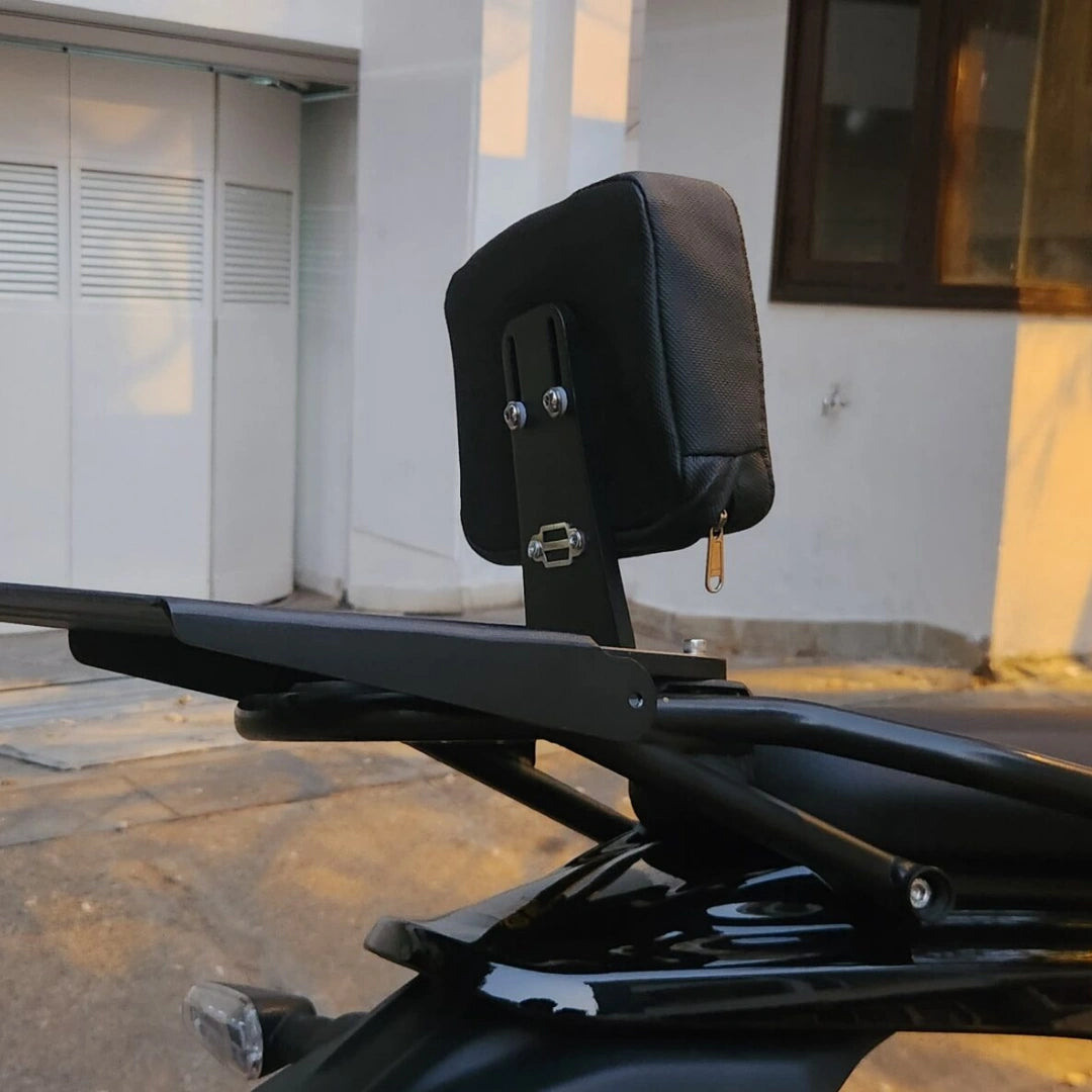 Side view of AeeDEA pillion backrest support and luggage rack mounting assembly on Royal Enfield Himalayan 450