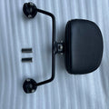 AeeDEA adjustable rider backrest with black cushion, support frame and mounting brackets shown separately
