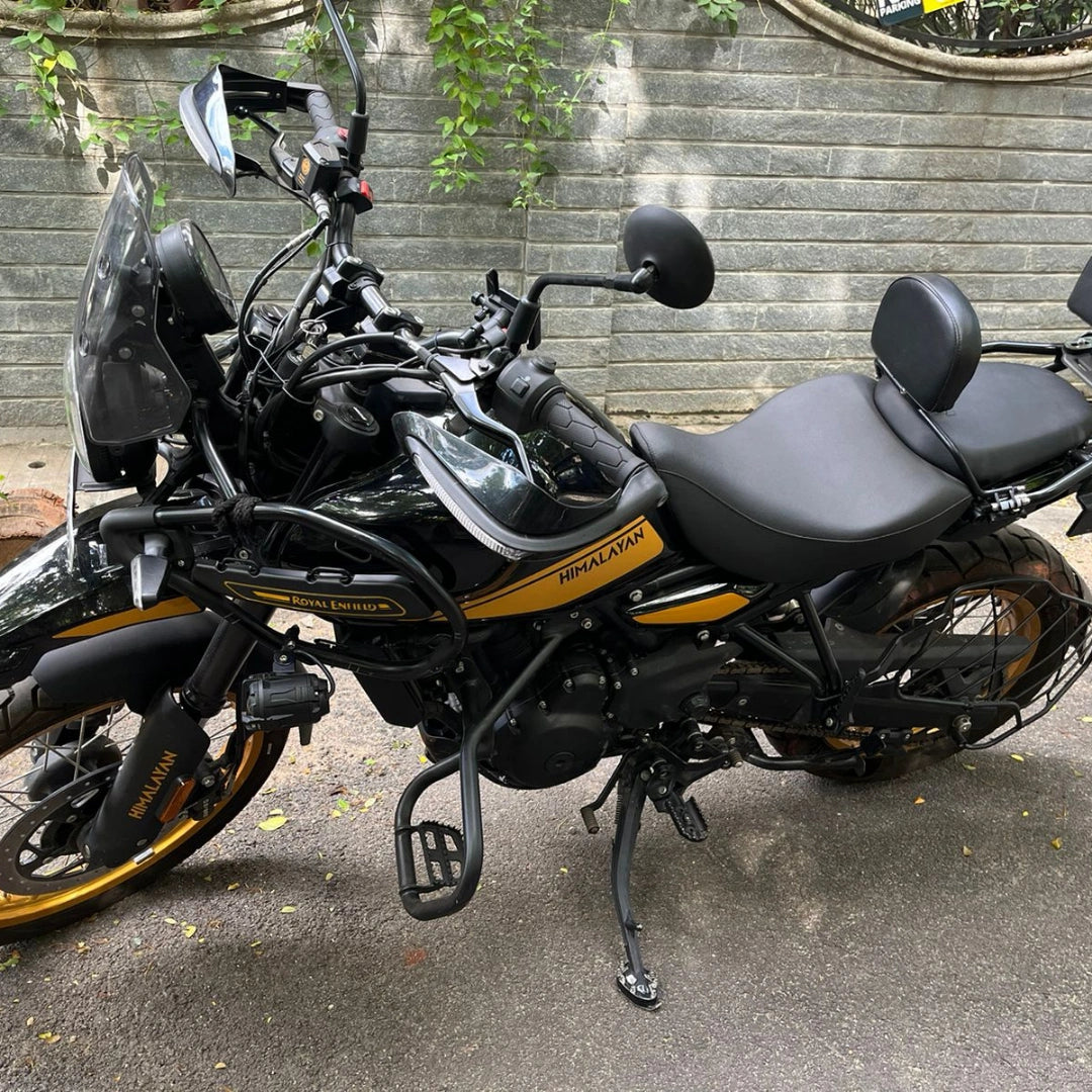 AeeDEA Adventure Tourer Rider Backrest installed on Royal Enfield Himalayan 450, side view