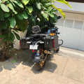 Rear three-quarter view of Royal Enfield Himalayan 450 fitted with AeeDEA Storm Series aluminum side panniers